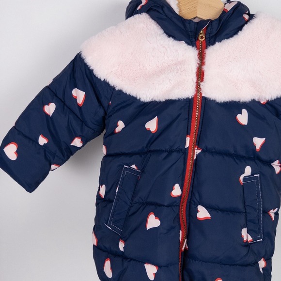 The Marc Jacobs Heart Printed Hooded Puffer Coat Navy Blue Pink Size 18 months - Picture 2 of 11